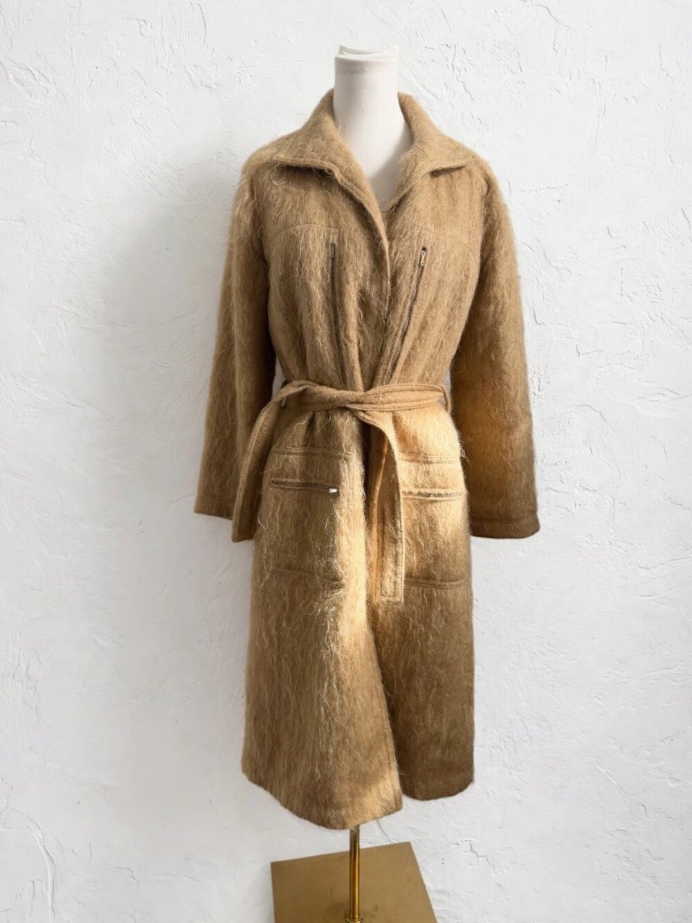 Vintage Fuzzy Belted Coat Camel Tan  M Long